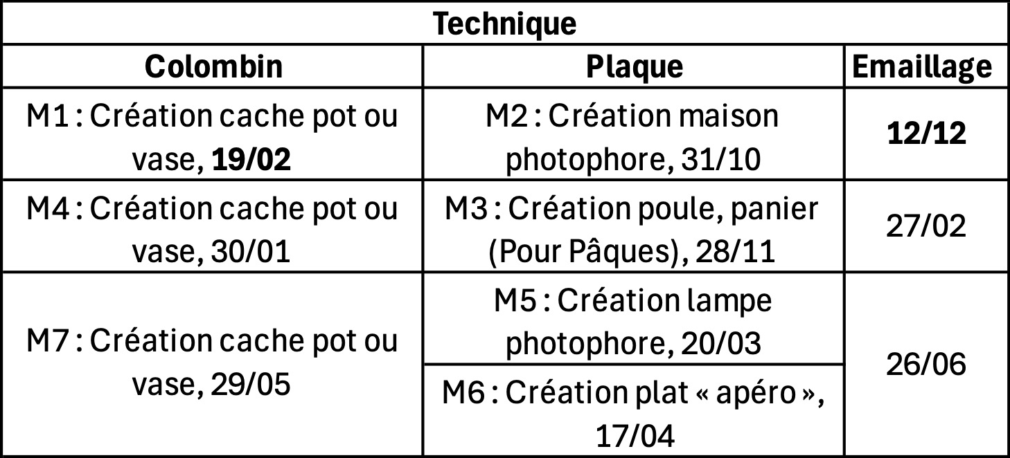 MODULE 1 : Création cache pot ou vase, technique du colombin.
MODULE 2 : Création maison photophore, technique de la plaque.
MODULE 3 : Création poule, panier (Pour Pâques) technique de la plaque.
EMAILLAGE : Pour les modules 1 et 2.
MODULE 4 : Création cache pot ou vase, technique du colombin.
EMAILLAGE : Pour les modules 3 et 4.
MODULE 5 : Création lampe photophore, technique de la plaque.
MODULE 6 : Création plat « apéro », technique de la plaque.
MODULE 7 : Création cache pot ou vase, technique du colombin.
EMAILLAGE : Pour les modules 5, 6 et 7.